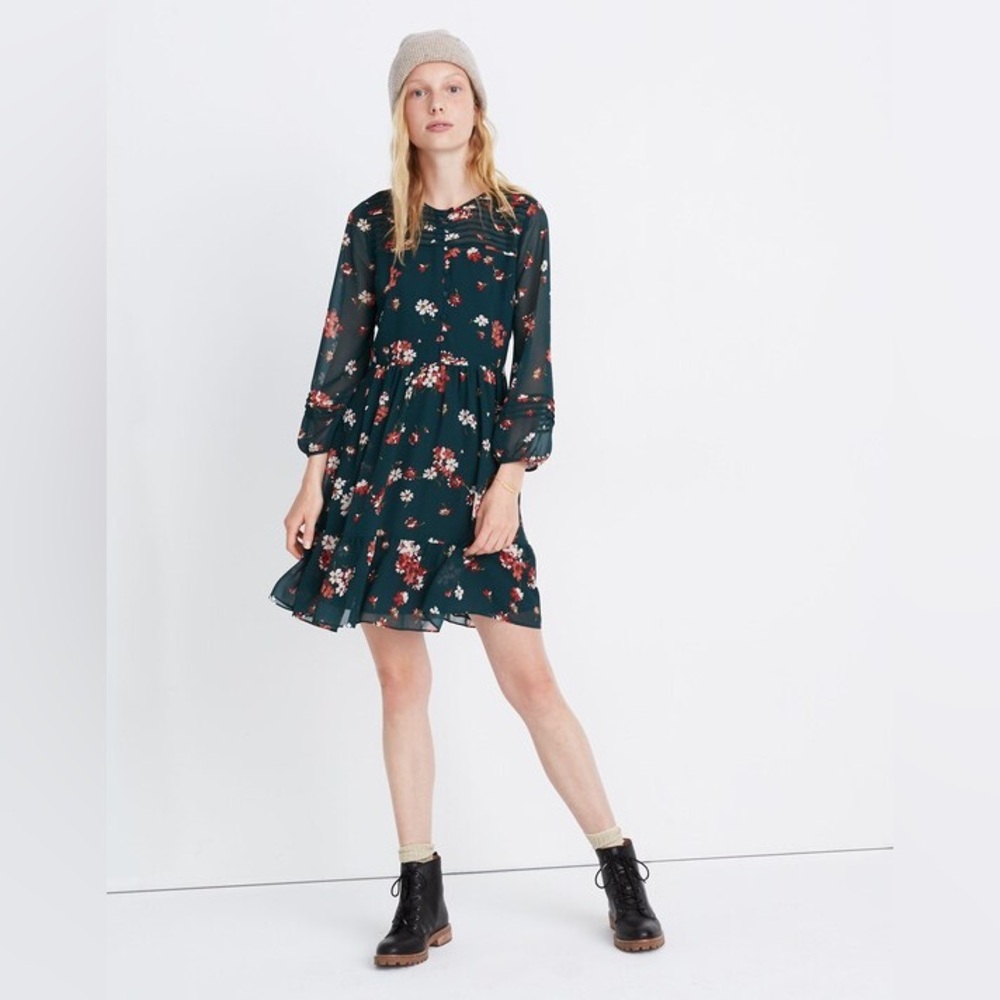 NWT Madewell Women's Floral Pintuck Ruffle Dress Green Size 2 Knee Length